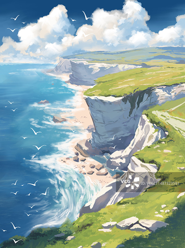 清新治愈自然山崖大海壁纸插画杂志封面背景图片素材