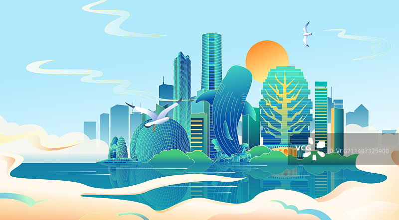国风珠海城市地标建筑彩色矢量插画海报图片素材