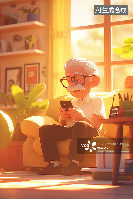 【AI数字艺术】老人开心的在家里玩着手机图片素材