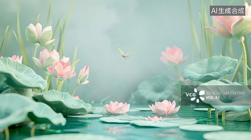 【AI数字艺术】羊毛毡质感的卡通荷花池，大暑小暑节气概念三维场景图片素材