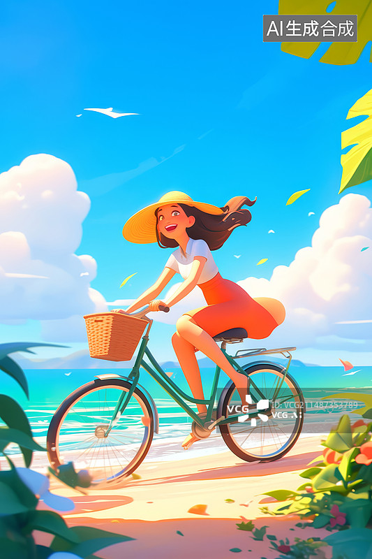 【AI数字艺术】夏季海边骑车的女孩图片素材