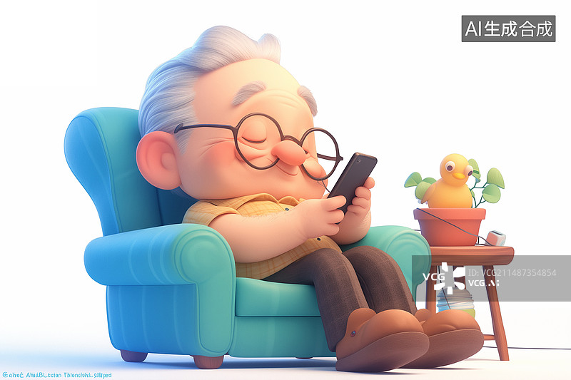 【AI数字艺术】坐在白色背景的椅子上用手机的老人插画图片素材