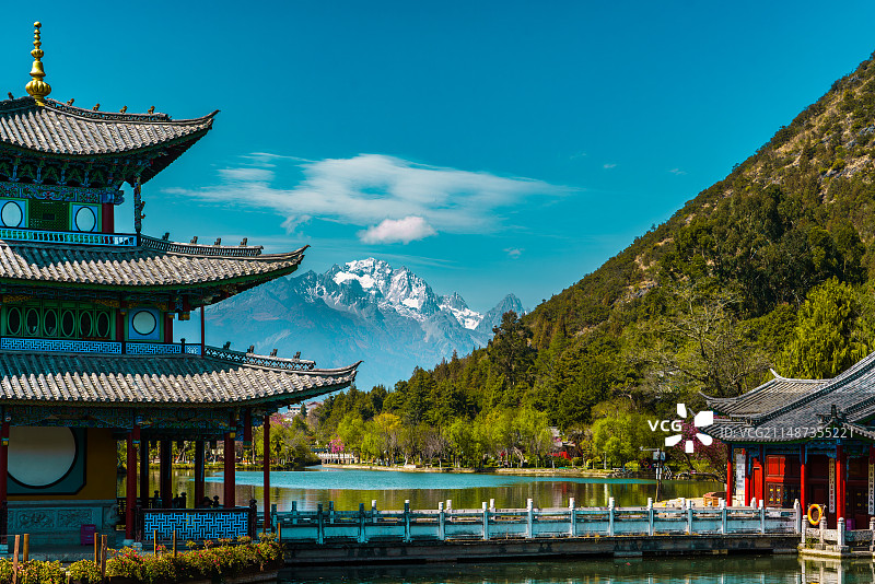 丽江黑龙潭公园雪山倒影图片素材