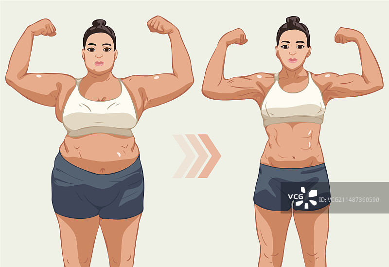 女性运动健身前后的体型变化展示插图图片素材