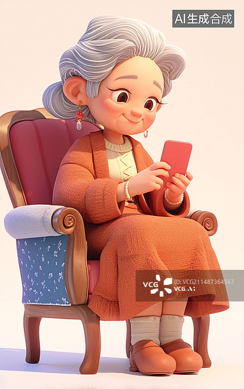 【AI数字艺术】夏天老奶奶室内打电话晒太阳3D插画，立夏节气场景插图图片素材