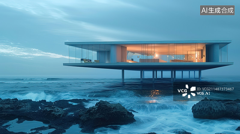 【AI数字艺术】海边度假小屋户外夜景图片素材