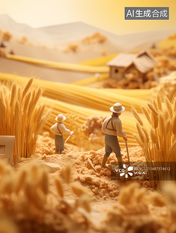 【AI数字艺术】3D节气农民种植收割稻谷微缩模型插画图片素材