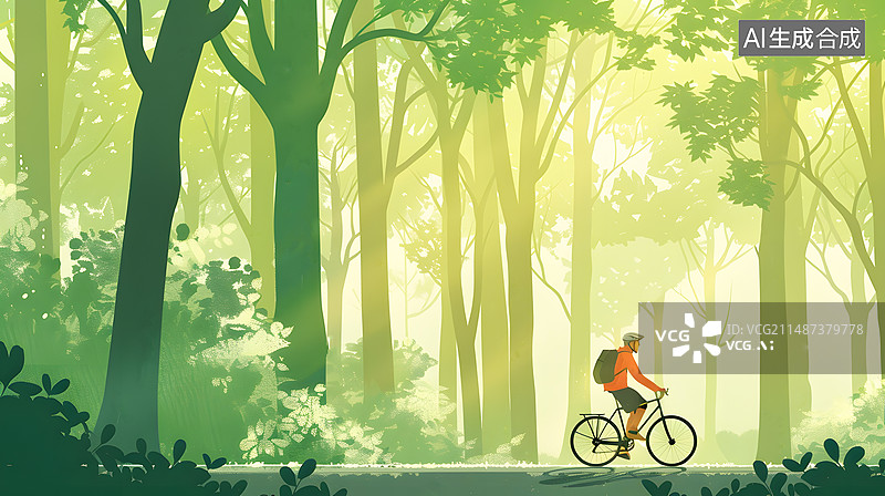 【AI数字艺术】AIGC:森林公园的小路上，骑自行车的人，绿色出行 背景插图插画图片素材