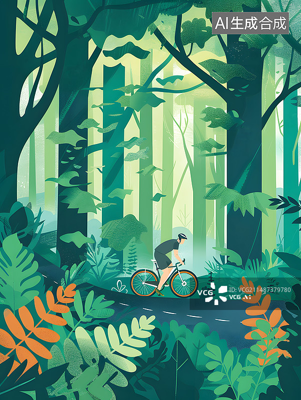 【AI数字艺术】AIGC:森林公园的小路上，骑自行车的人，绿色出行 背景插图插画图片素材