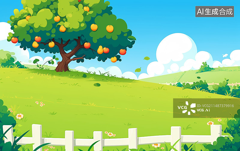 【AI数字艺术】果树与绿色草地卡通插画背景图片素材
