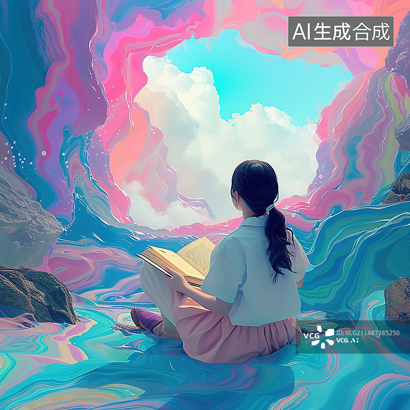 【AI数字艺术】坐在彩色背景下的女人图片素材