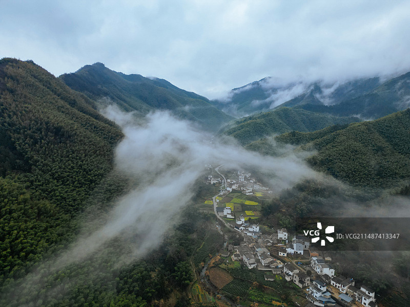 卢村 徽派建筑 安徽 古村 写生 油菜花 航拍 黄山图片素材