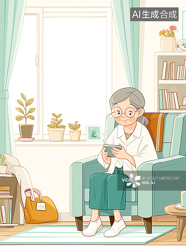 【AI数字艺术】插画风格，一位老人坐在沙发上玩平板电脑图片素材