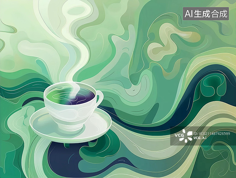 【AI数字艺术】中国风茶文化茶道茶叶茶杯绿色渐变流动创意背景图片素材