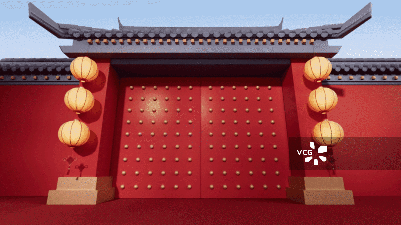 中国风大门开门3D渲染图片素材