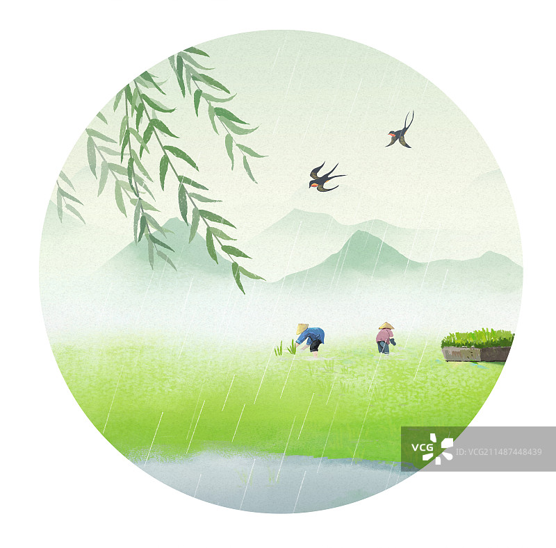 手绘谷雨节气农民插秧芒种背景插画图片素材