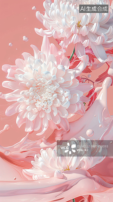 【AI数字艺术】白色菊花在流体液体中，春天自然花朵插图背景图片素材