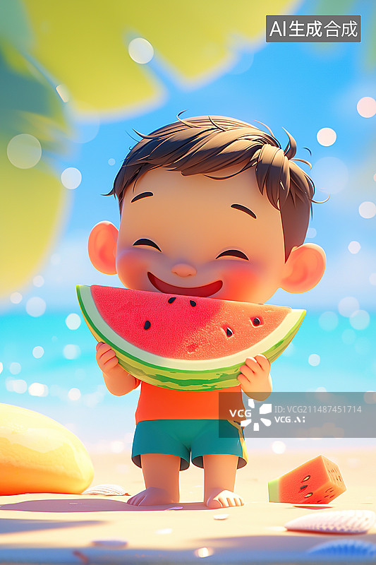 【AI数字艺术】哟泳池旁边吃西瓜的男孩图片素材