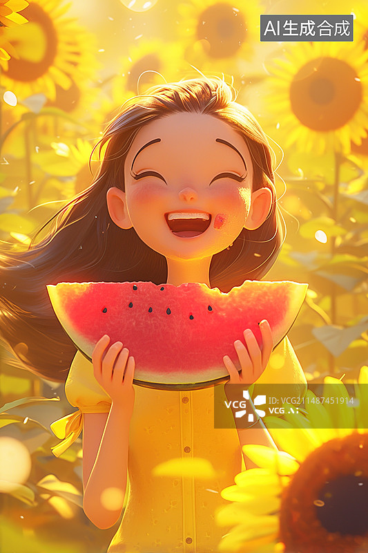 【AI数字艺术】美女在向日葵花园吃西瓜图片素材