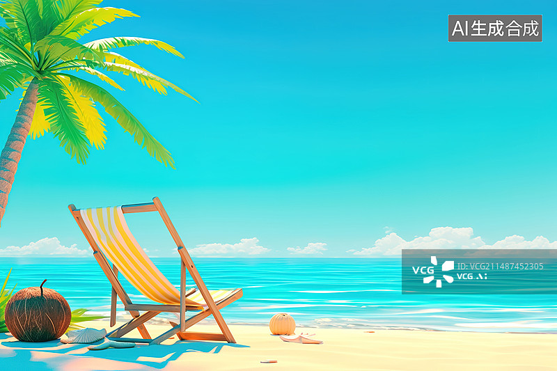 【AI数字艺术】夏季海边沙滩椅图片素材
