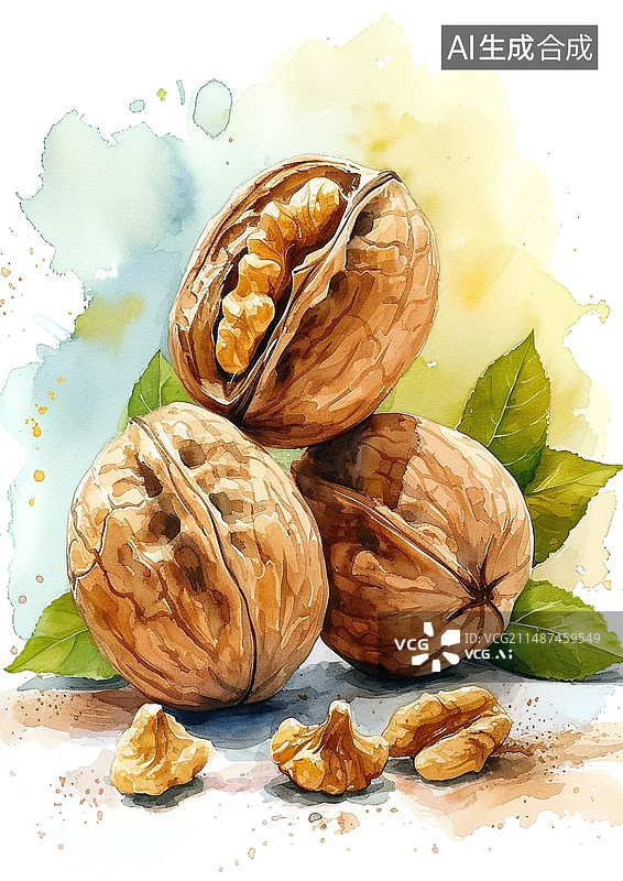 【AI数字艺术】水彩插画干果核桃图片素材