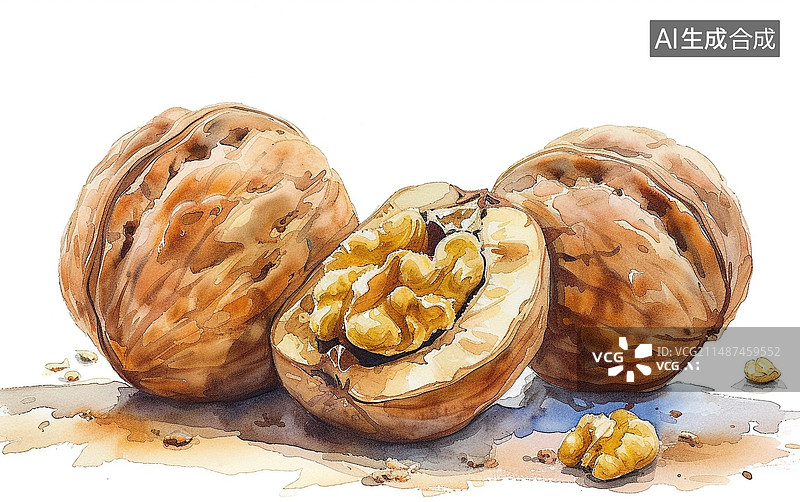【AI数字艺术】水彩插画干果核桃图片素材