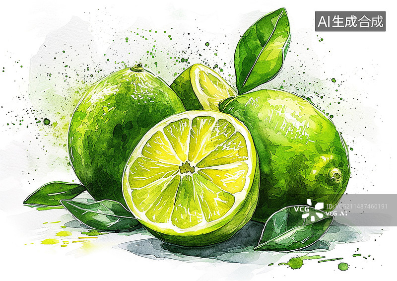 【AI数字艺术】水彩画插图青柠檬图片素材