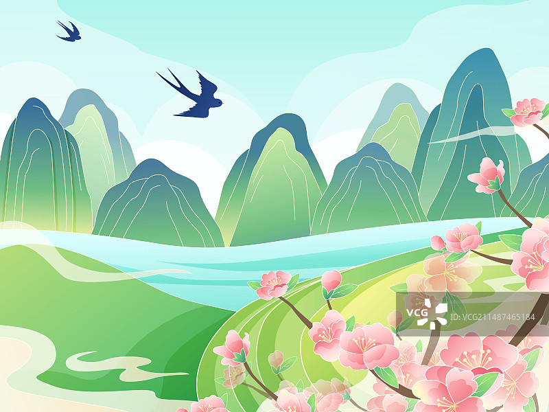 国潮矢量春天燕子桃花插画图片素材