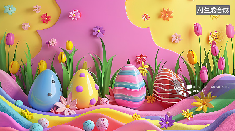 【AI数字艺术】彩色复活节彩蛋在桌子上的特写镜头图片素材
