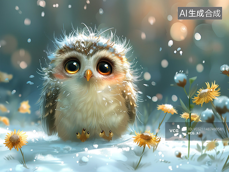 【AI数字艺术】猫头鹰栖息在开花植物上的特写肖像图片素材