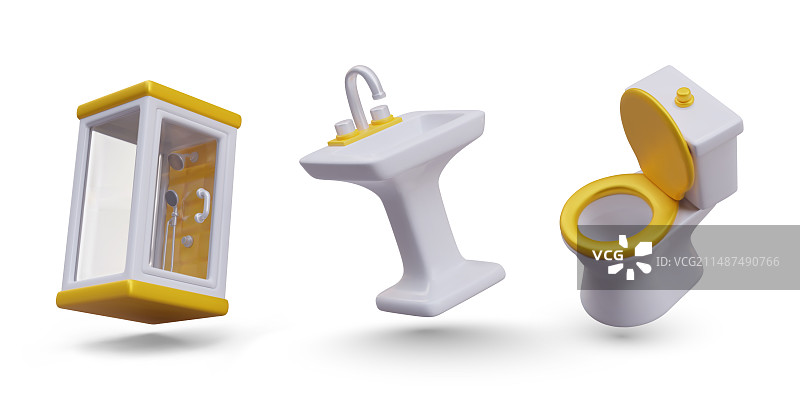 淋浴间：带金色盖子的洗手盆和马桶图片素材