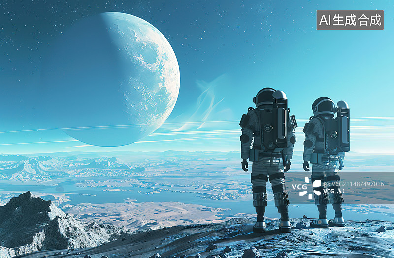 【AI数字艺术】宇航员与地形地貌与月亮图片素材