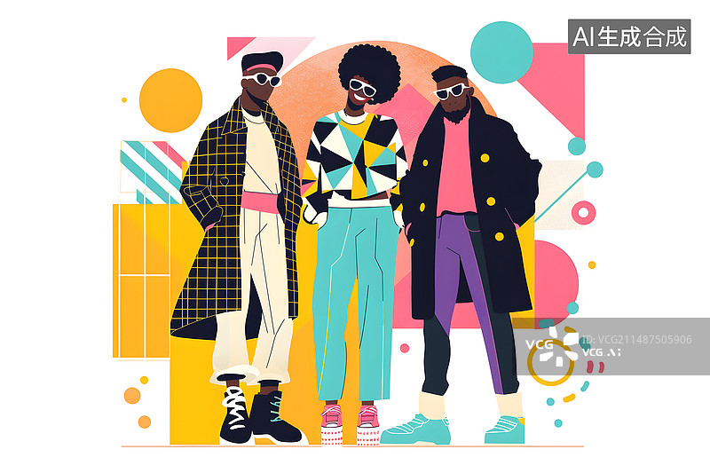 【AI数字艺术】三个时尚的年轻人，五四青年节概念场景插画图片素材
