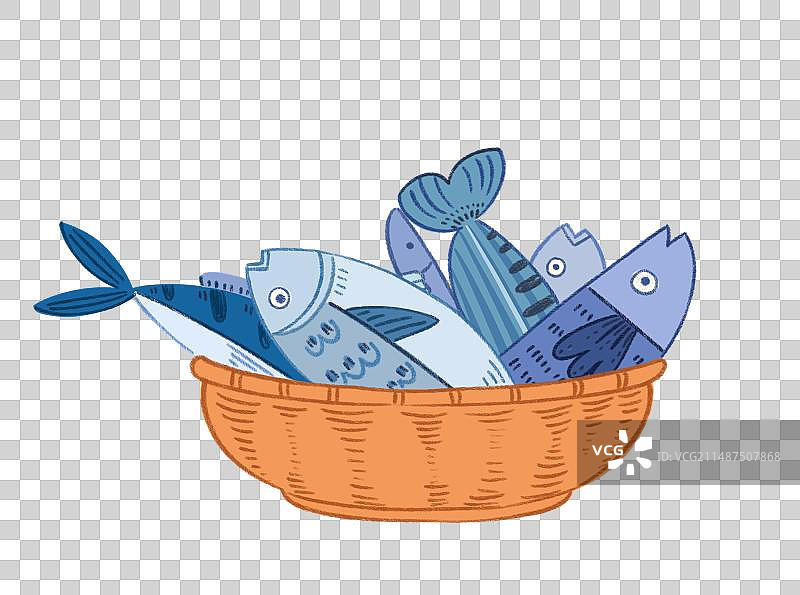 手绘卡通一筐水产品鱼插画图片素材