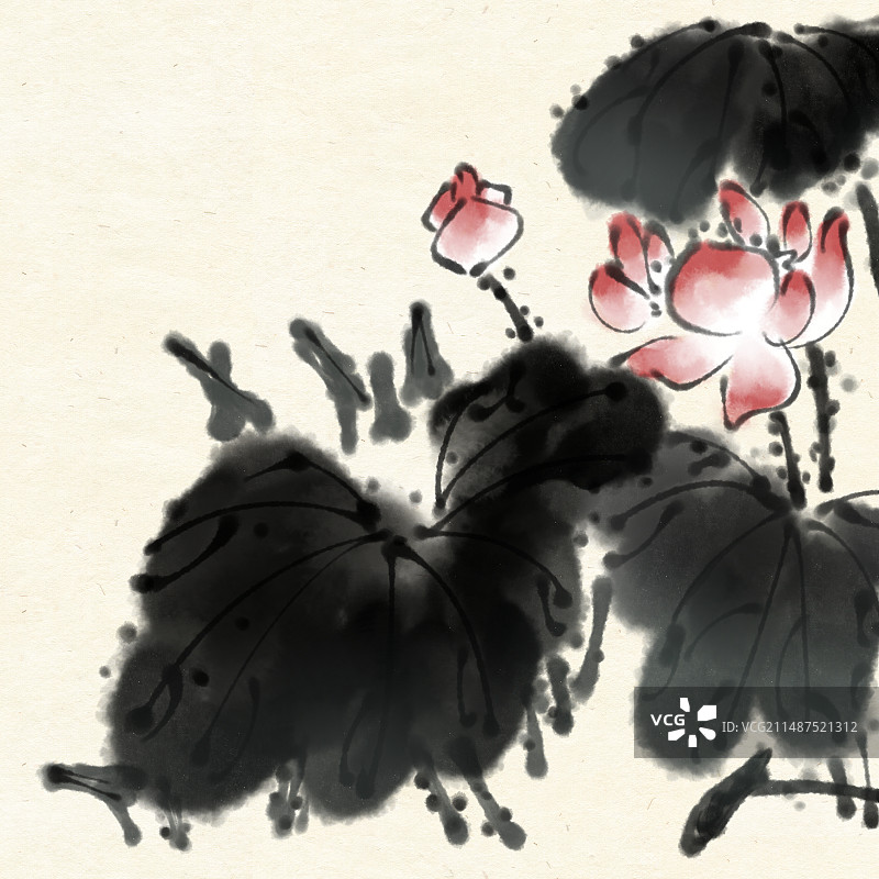 水墨荷花国画风景插画图片素材
