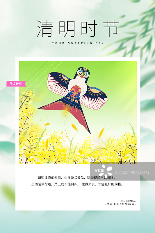 热爱生活 月读计划 -清明节插画海报模版 春天踏青春游放风筝 户外风景油菜花插画 竖版图片素材