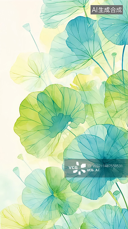 【AI数字艺术】新中式初夏荷叶叠影节气国风水彩画图片素材
