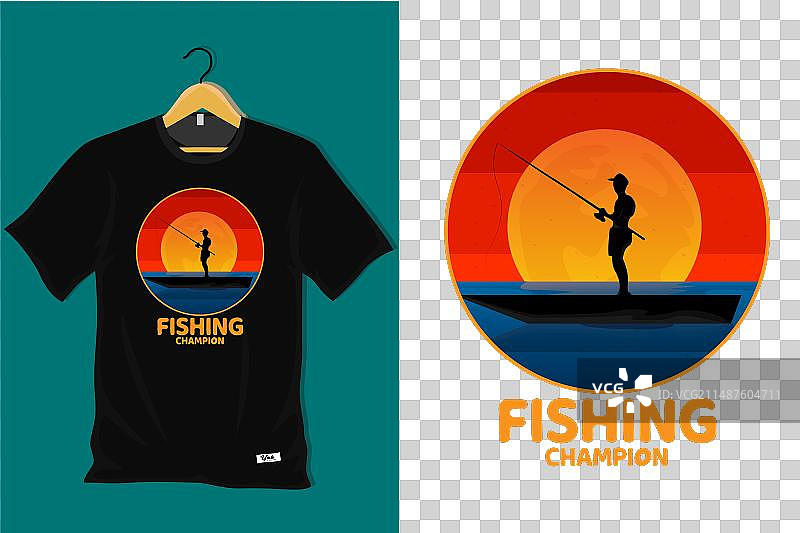 复古钓鱼冠军T恤设计图片素材