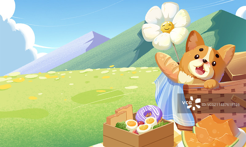 春季美好景色踏青春游野外露营治愈系背景图插画横版图片素材