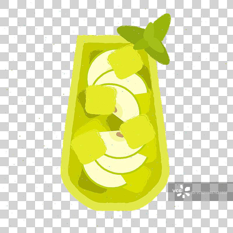 绿色鸡尾酒，配苹果冰块和树叶图片素材