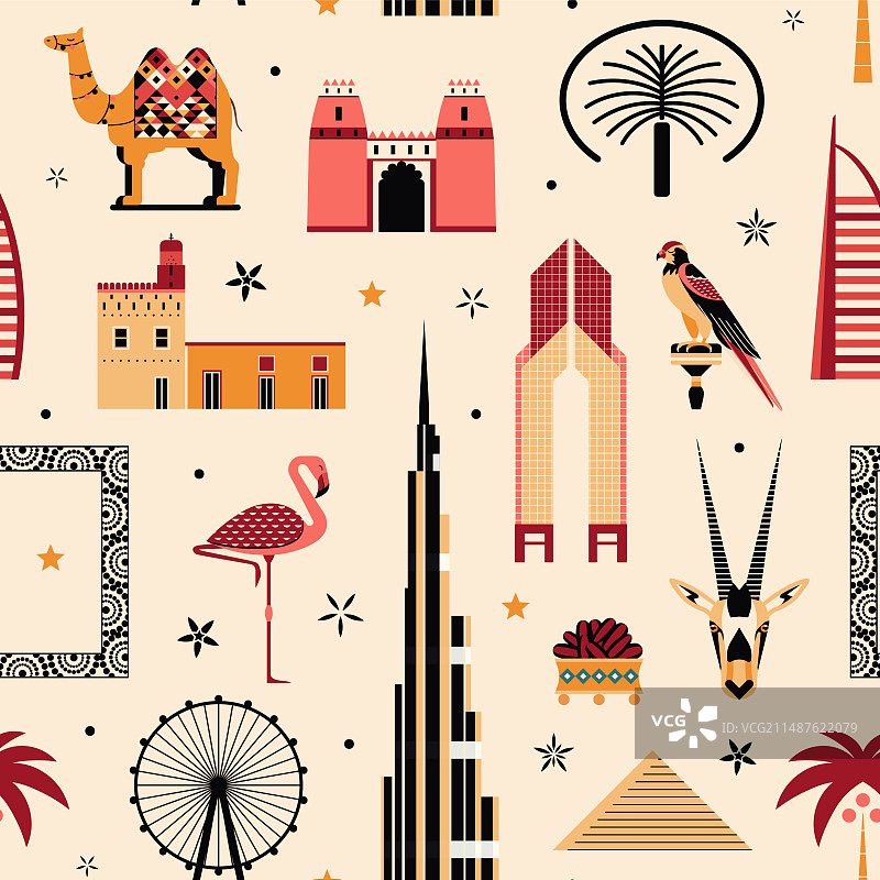 包含地标和动物的阿联酋旅游图案图片素材