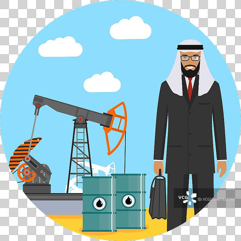 拥有油泵和桶的阿拉伯穆斯林商人图片素材