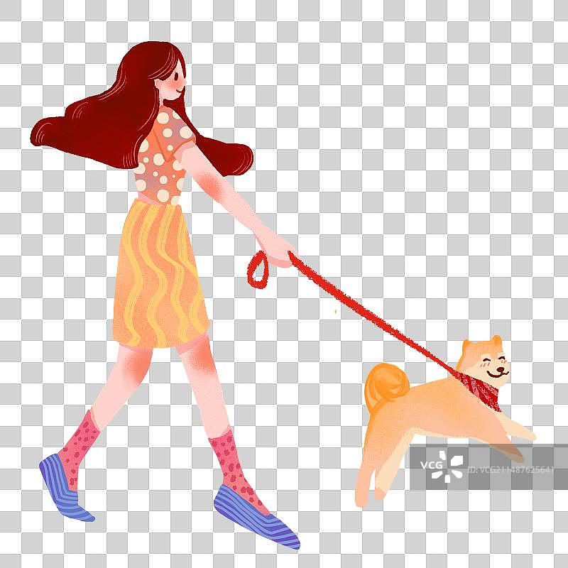 女生美女时尚遛狗生活扁平风插画图片素材