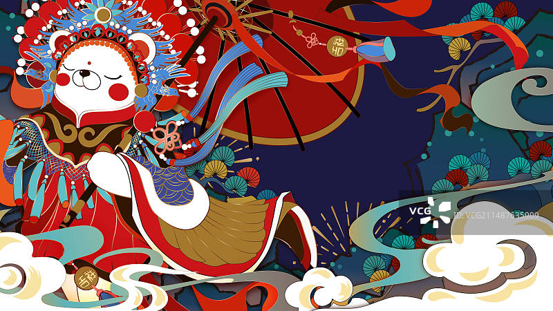 古风国潮青松祥云中的京剧熊矢量插画图片素材