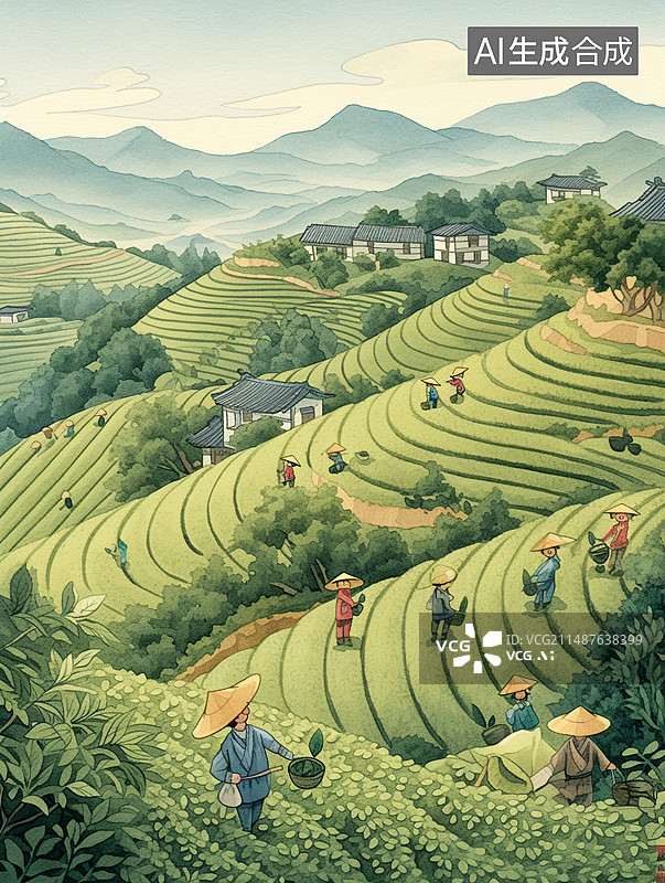 【AI数字艺术】茶园采茶图片素材