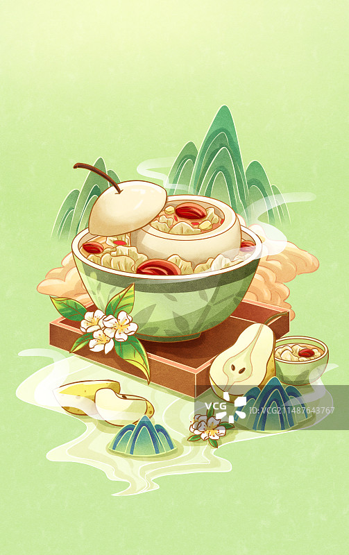 手绘惊蛰春分花卉冰糖炖雪梨插画图片素材