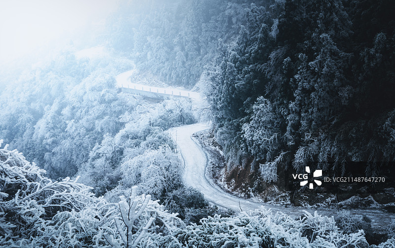 《冰雪路》气温骤降，南岳衡山瞬间变成了一个冰雪世界，我们同伴沿着公路一直往上爬，蓦然回首……图片素材