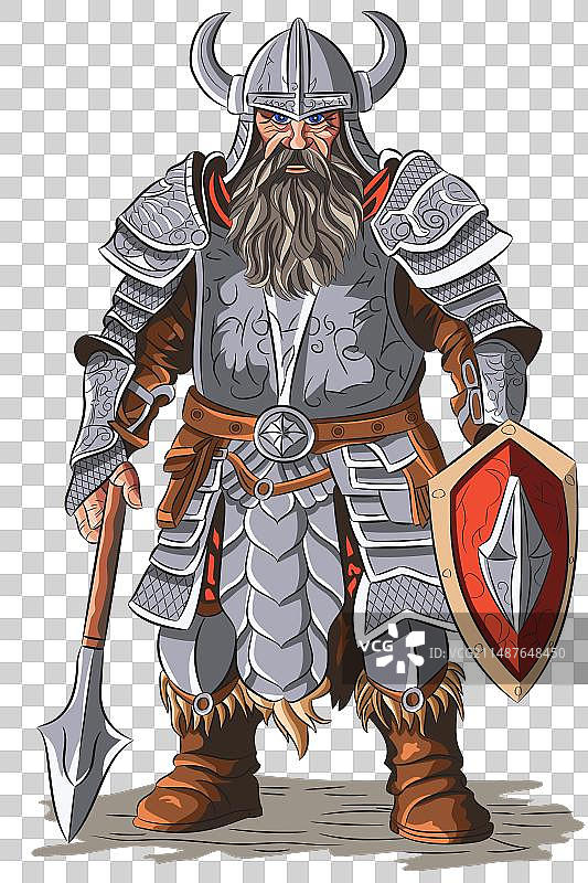 童话故事：带盾牌的盔甲胡须侏儒图片素材