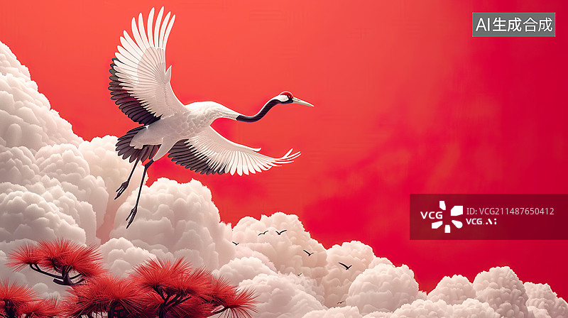 【AI数字艺术】仙鹤腾云架雾祥云,新中式风格新年喜庆红色党建背景图片素材