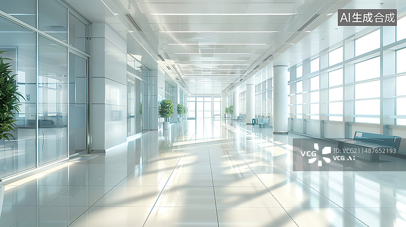 【AI数字艺术】空荡的医院和医疗中心内部空间走廊,海报背景图图片素材